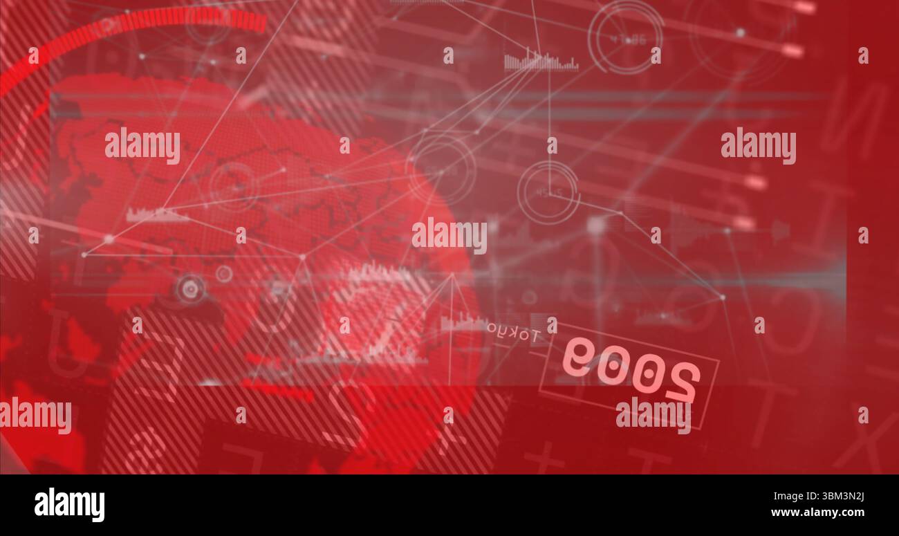 Rendering red globe with network lines and nodes on data panel, displaying waveforms inverted 2003 Stock Photo