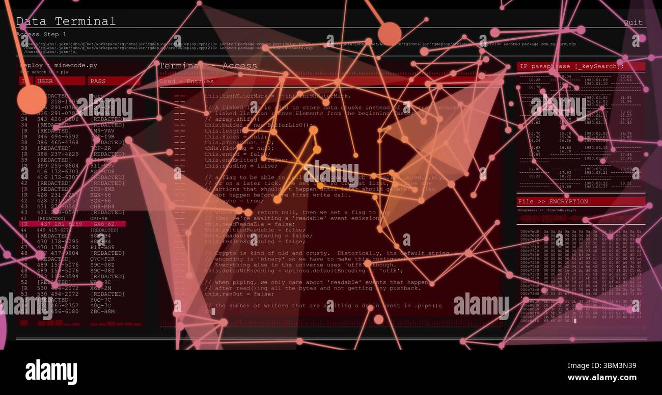 Displaying digital code panels and network nodes at virtual terminal, with encryption data listings Stock Photo