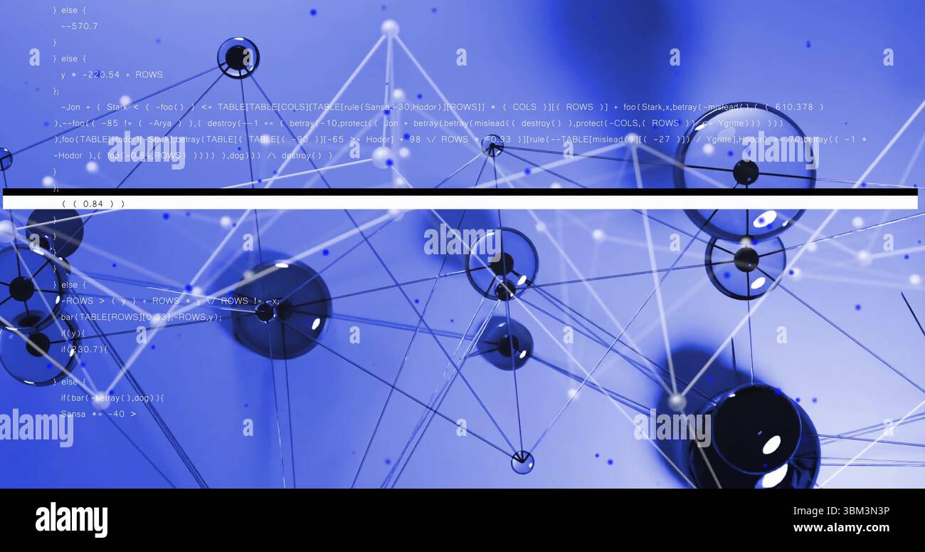 Displaying black and translucent spheres linked by lines in blue gradient space, with code overlay Stock Photo