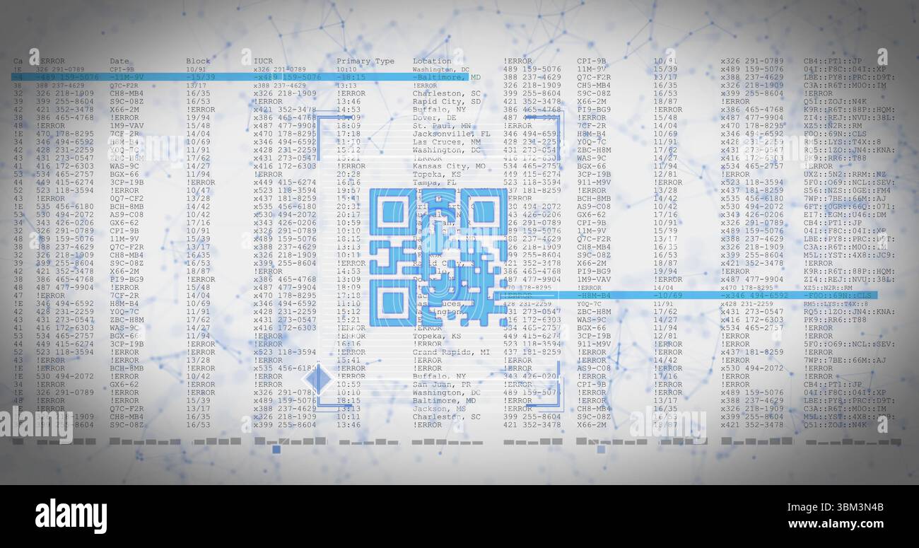 Displaying bright blue QR code overlaying translucent data columns in abstract network graphic Stock Photo