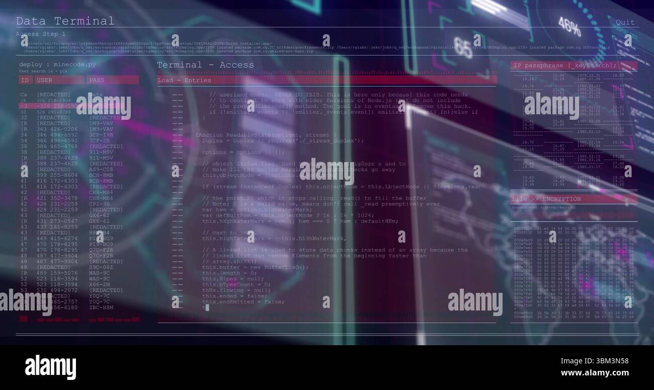 Displaying holographic terminal overlaying virtual console, with code lines and redacted ID list Stock Photo