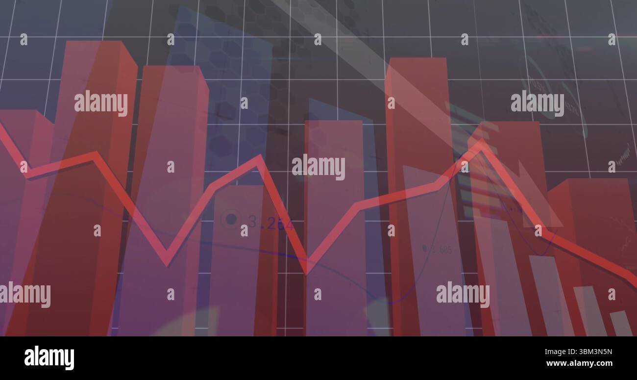 Featuring three-dimensional red bars on dark grey grid with flag, red line graph, numerical labels Stock Photo
