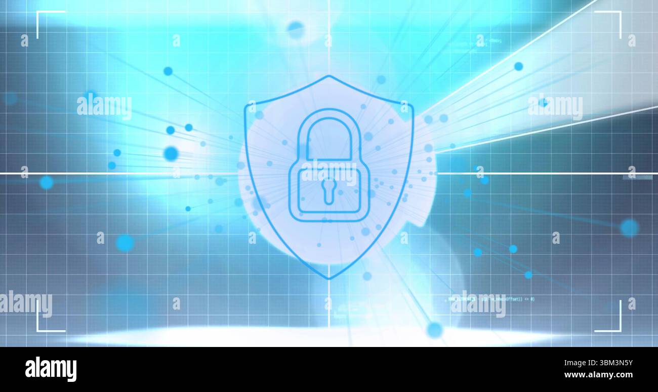 Displaying shield projecting on grid interface with padlock icon, light rays and floating nodes Stock Photo