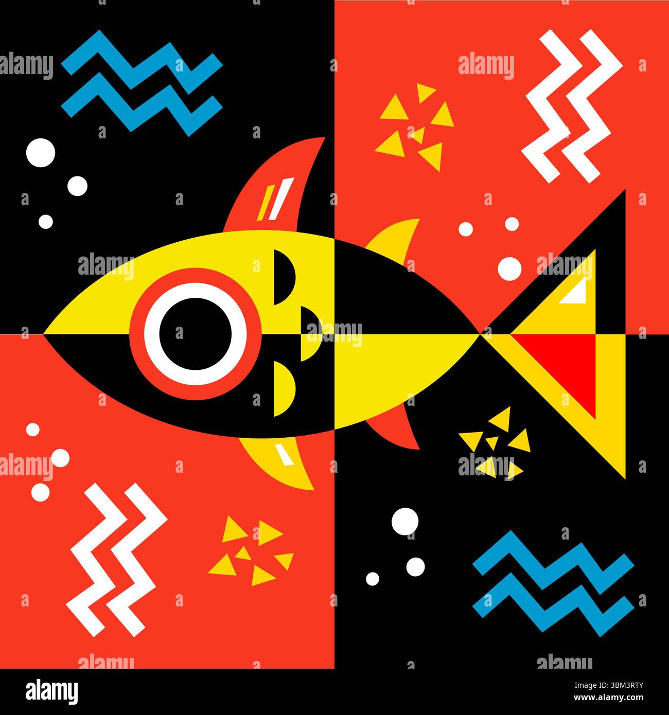 Yellow red black fish seamless repeat pattern Stock Vector