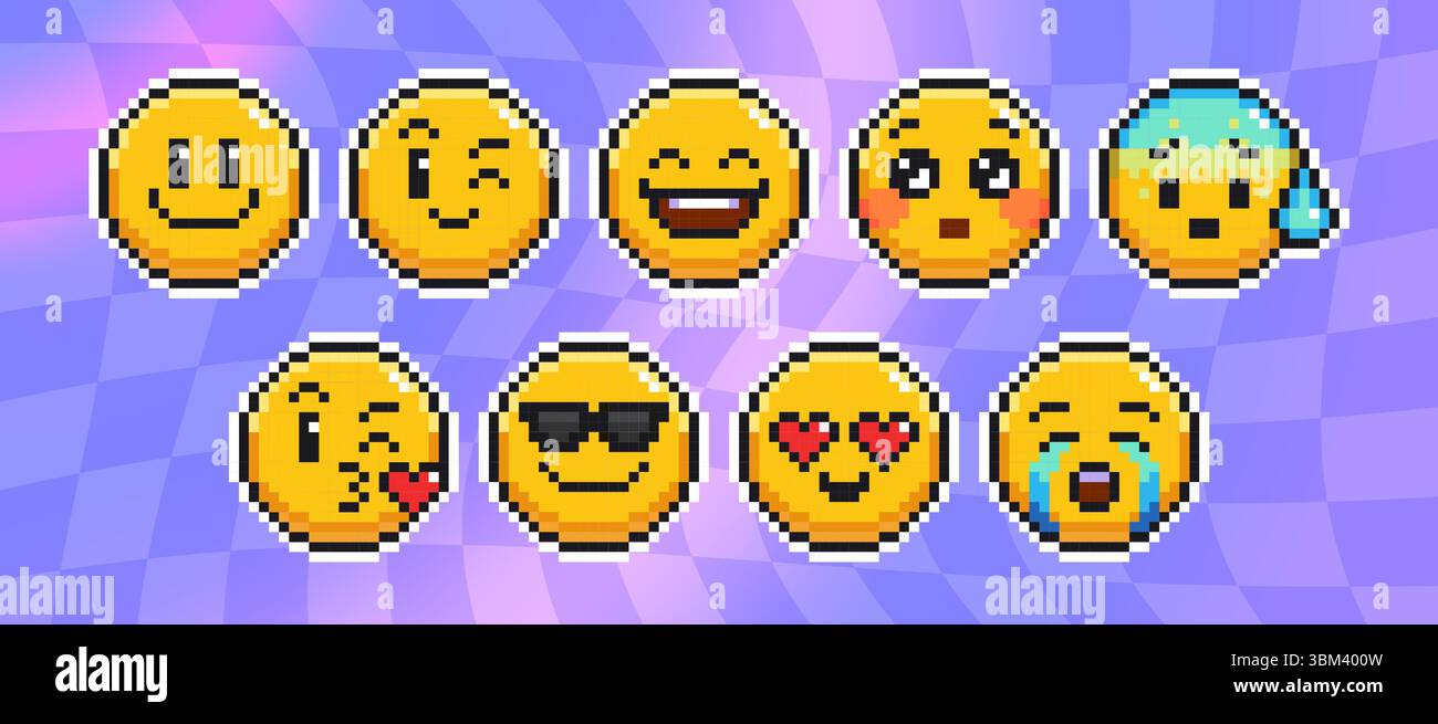 Pixel art emoticon faces on purple. Yellow circles showing various ...
