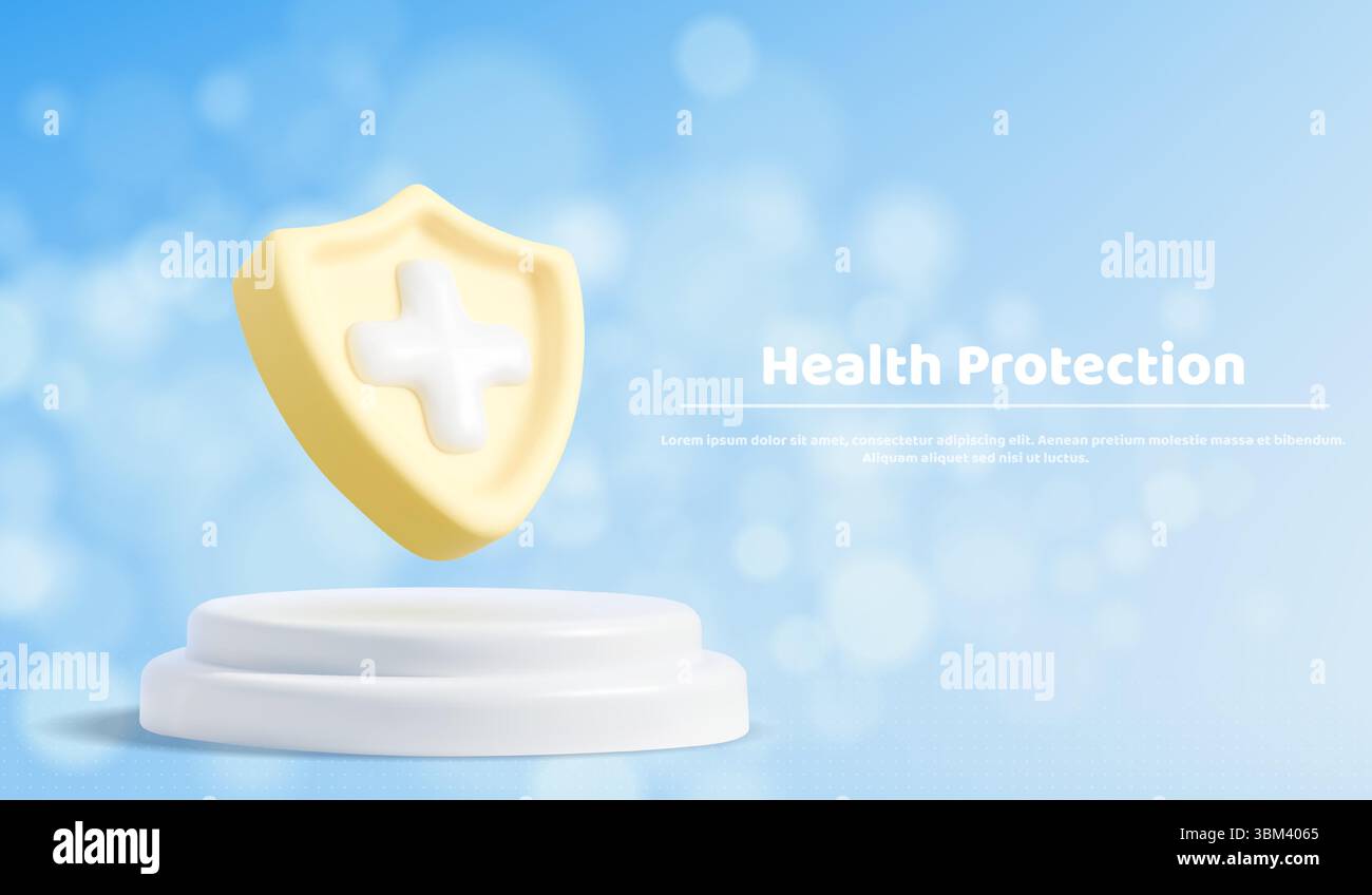 3D health protection scene with yellow shield and white medical plus cross floating above circular podium platform on blue sky backdrop. healthcare security concept for insurance wellness presentation Stock Vector