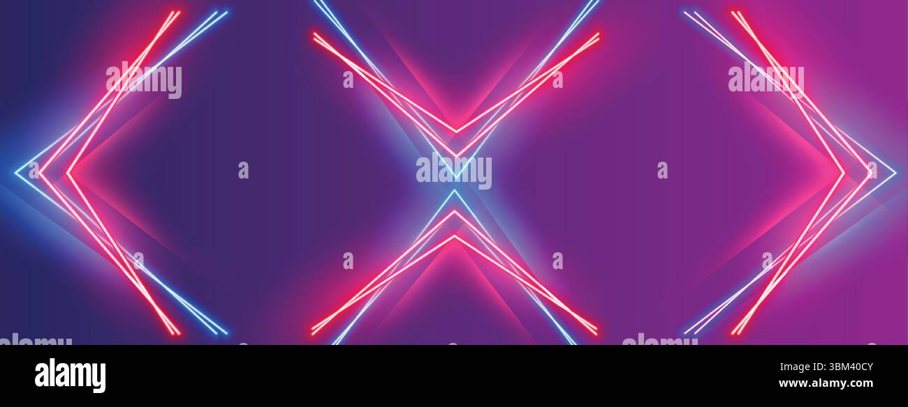 Neon glowing light line design with dark purple gradient background Stock Vector