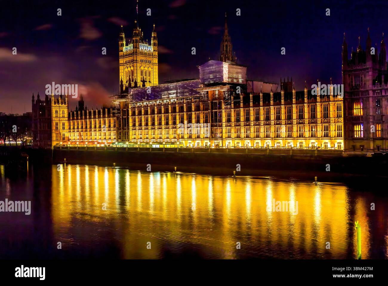 Victoria Tower, Houses of Parliament, Thames River, Westminster Bridge, Westminster, London, England. Built in the 1800's, House of Commons and House Stock Photo