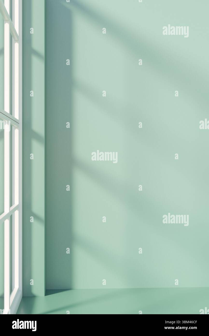 Sunlight creates soft shadows on a mint green wall and floor through a window. 3d rendering Stock Photo