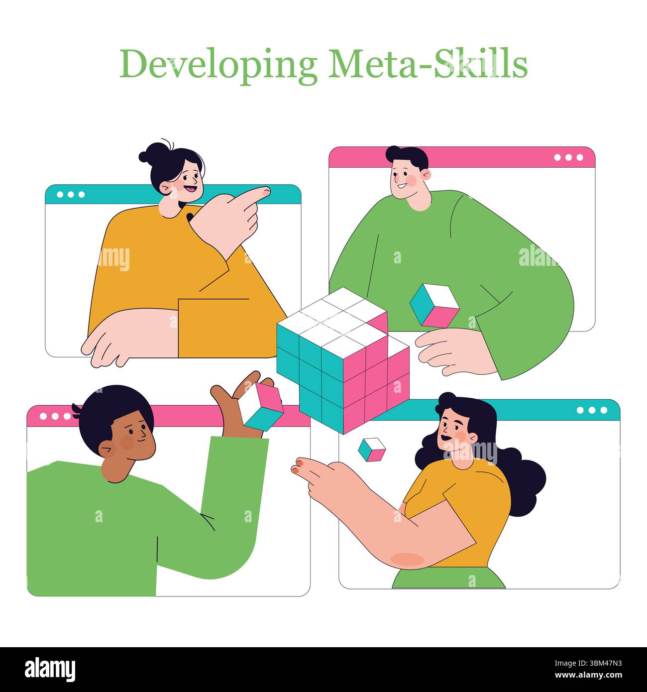 In an online learning environment, individuals collaborate to develop meta-skills through interactive problem solving. Engaging with others and sharing ideas fosters essential competencies for future success. Stock Vector