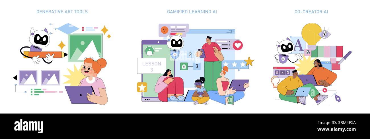 Vector illustration showcasing AI applications in art, learning, and ...