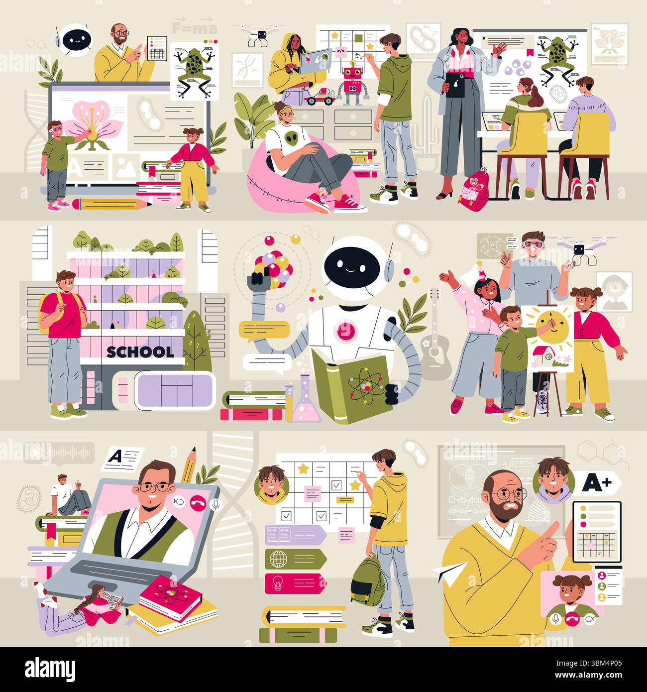 Vibrant scenes of diverse students actively engaging with advanced technology in a collaborative learning space Stock Vector