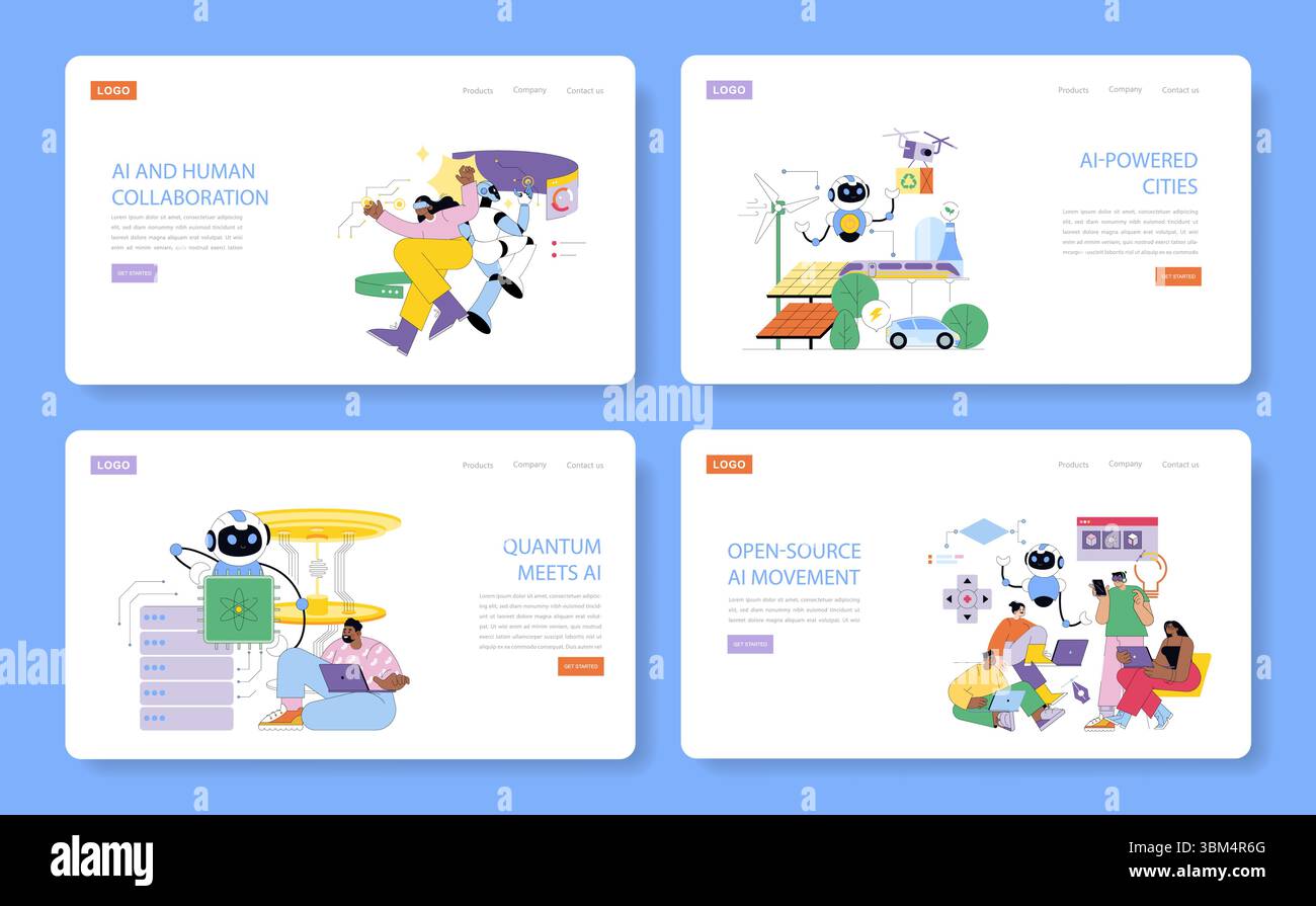 Vector illustration showcasing AI integration in various fields including human collaboration, smart cities, quantum computing, and open-source development with diverse interactions. Stock Vector