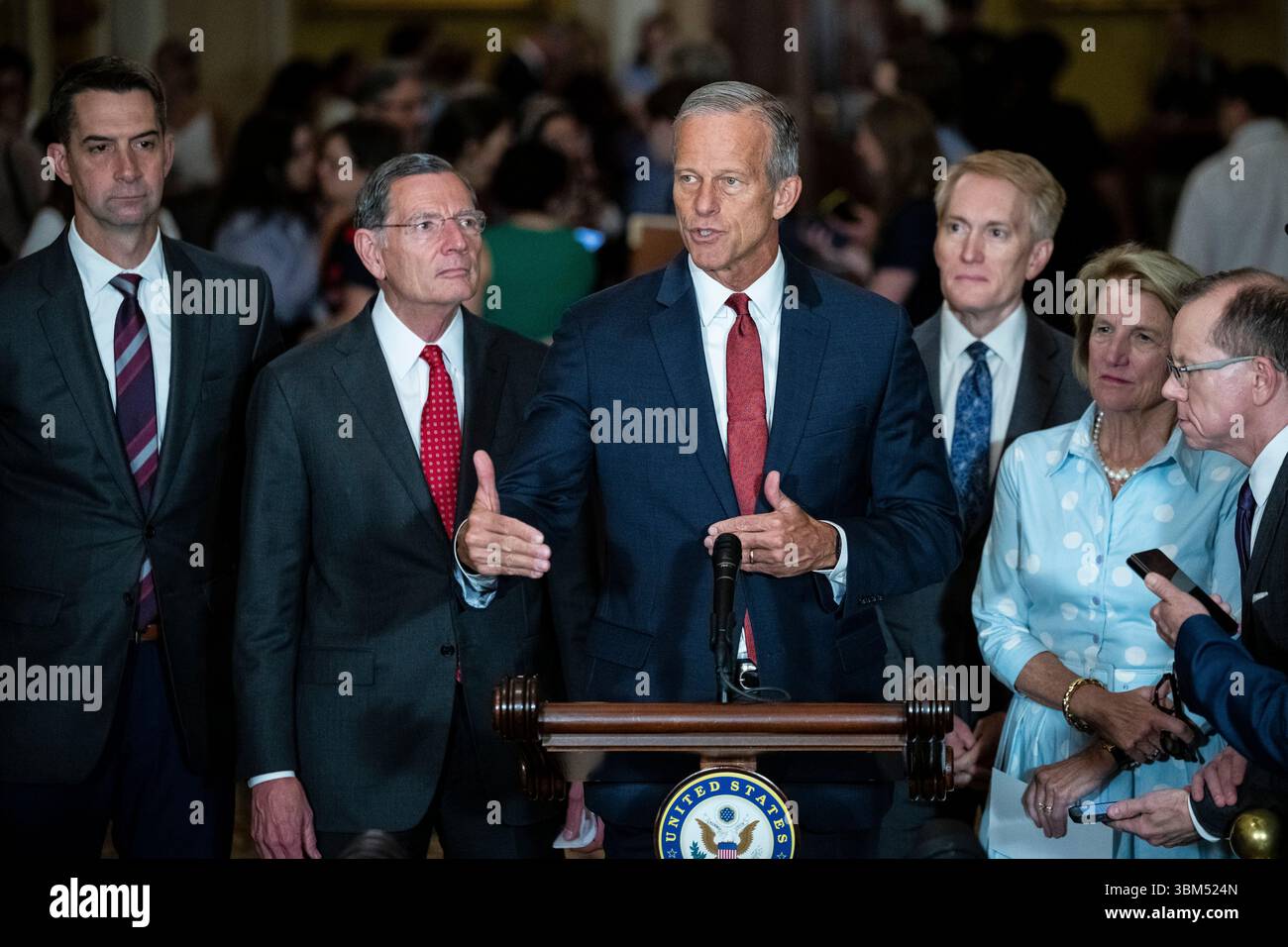 Senator John Thune (R-S.D.), the Senate Majority Leader, speaks to ...