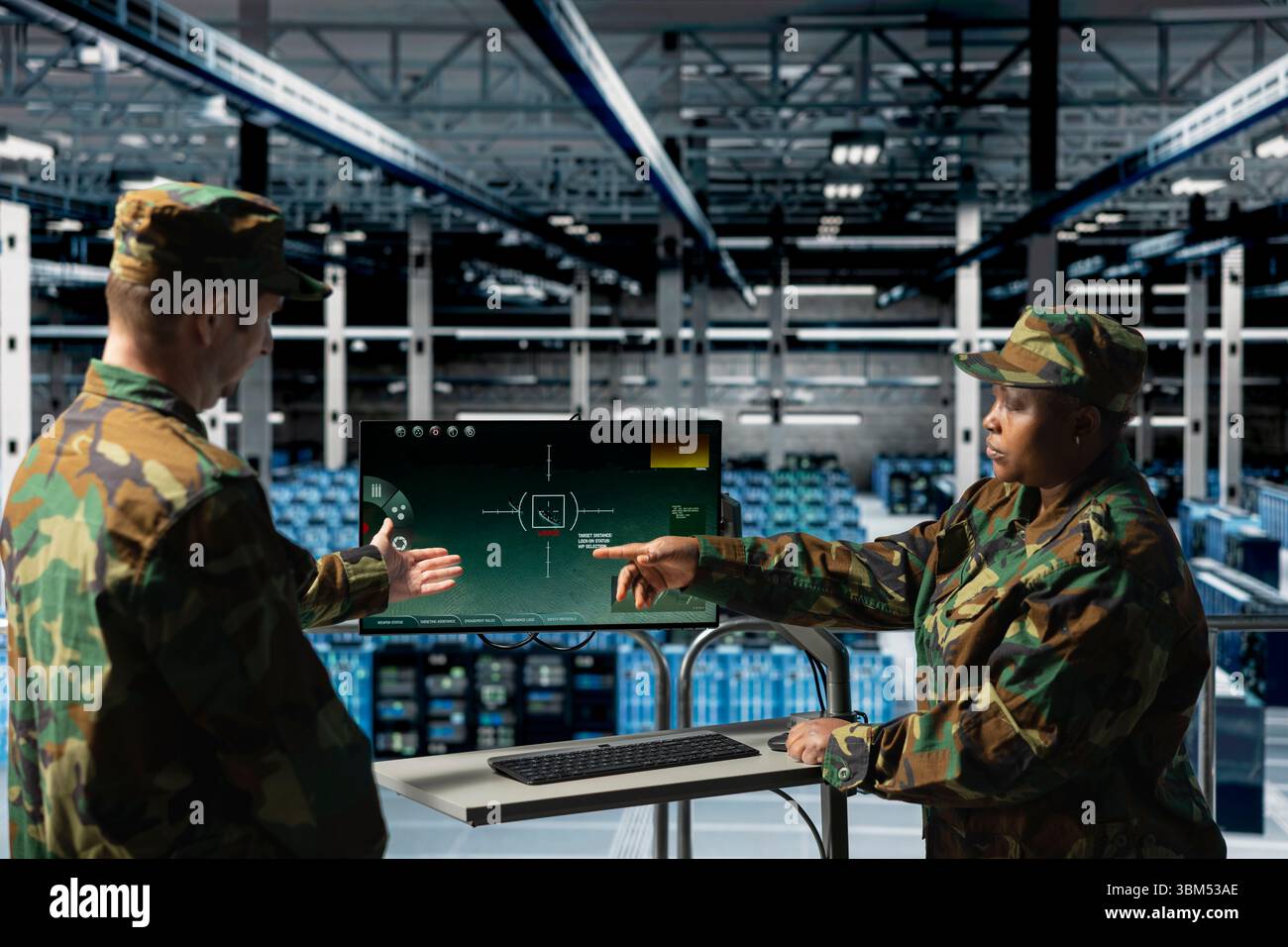 Army soldiers in data center using digital crosshairs to lock onto ...