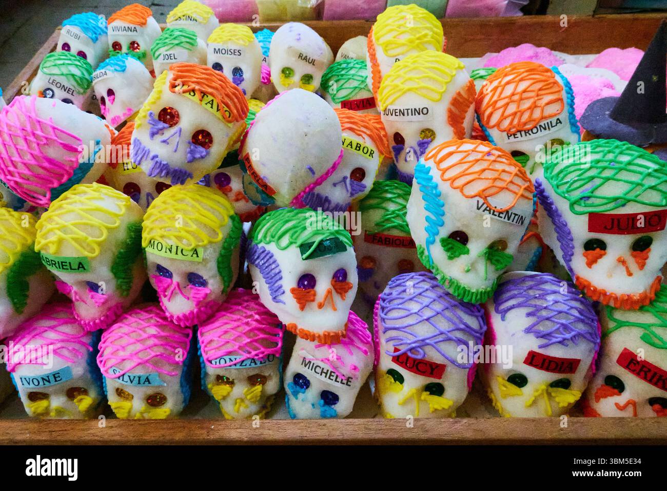 Mexico, Merida. Colorful display of Day of the Dead skull candies, also known as sugar skulls at a vendor's stand. (Editorial Use Only) Stock Photo