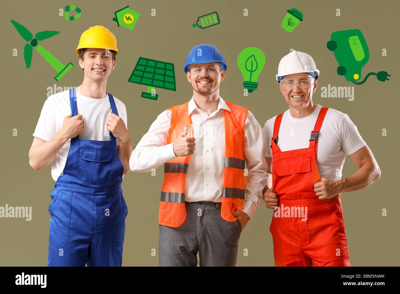 Team of male engineers on khaki background. Concept of green technology ...