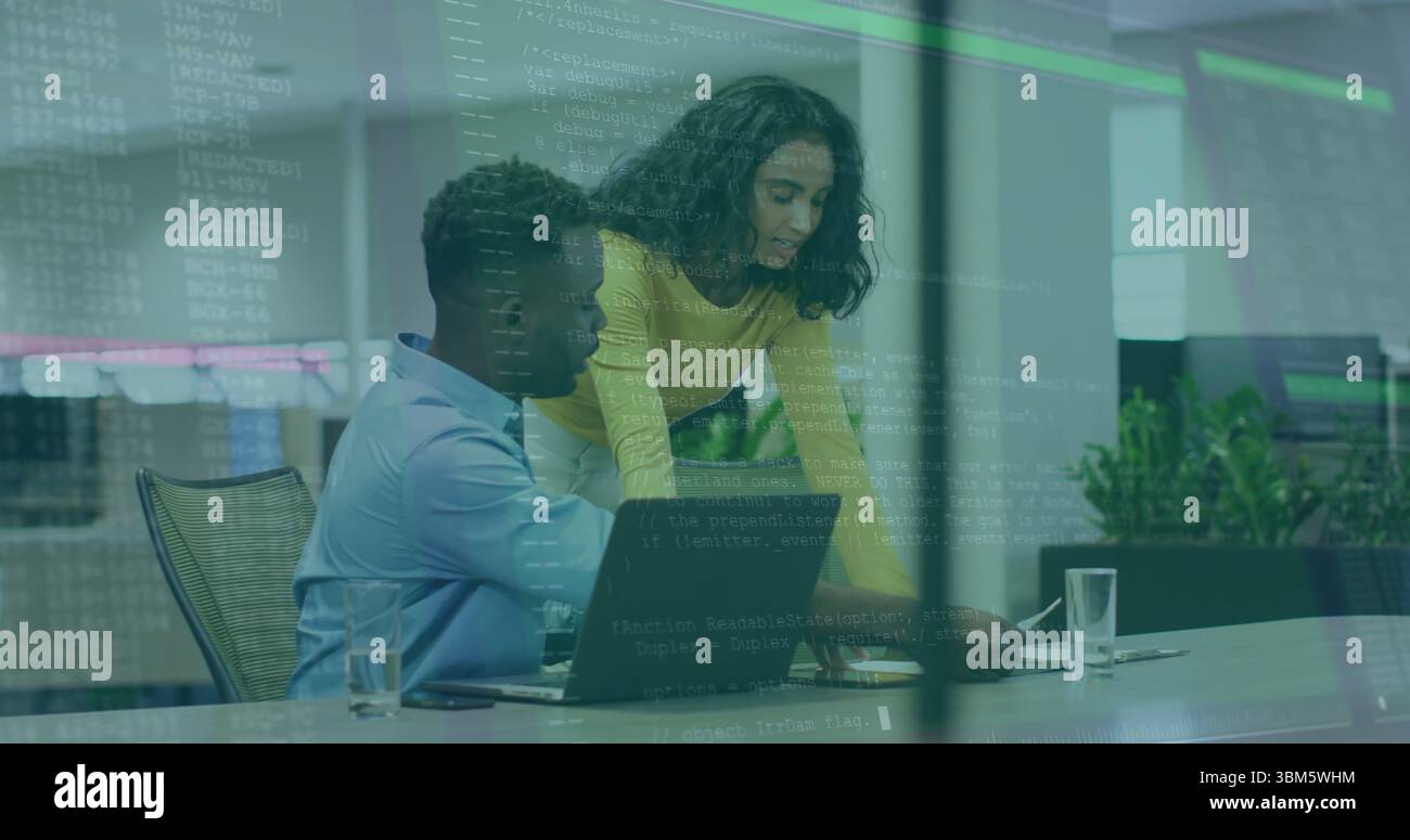 Collaborating developer and engineer pointing at code on laptop at open-plan office with smartphone. Creative, teamwork, modern, technology, brainstor Stock Photo