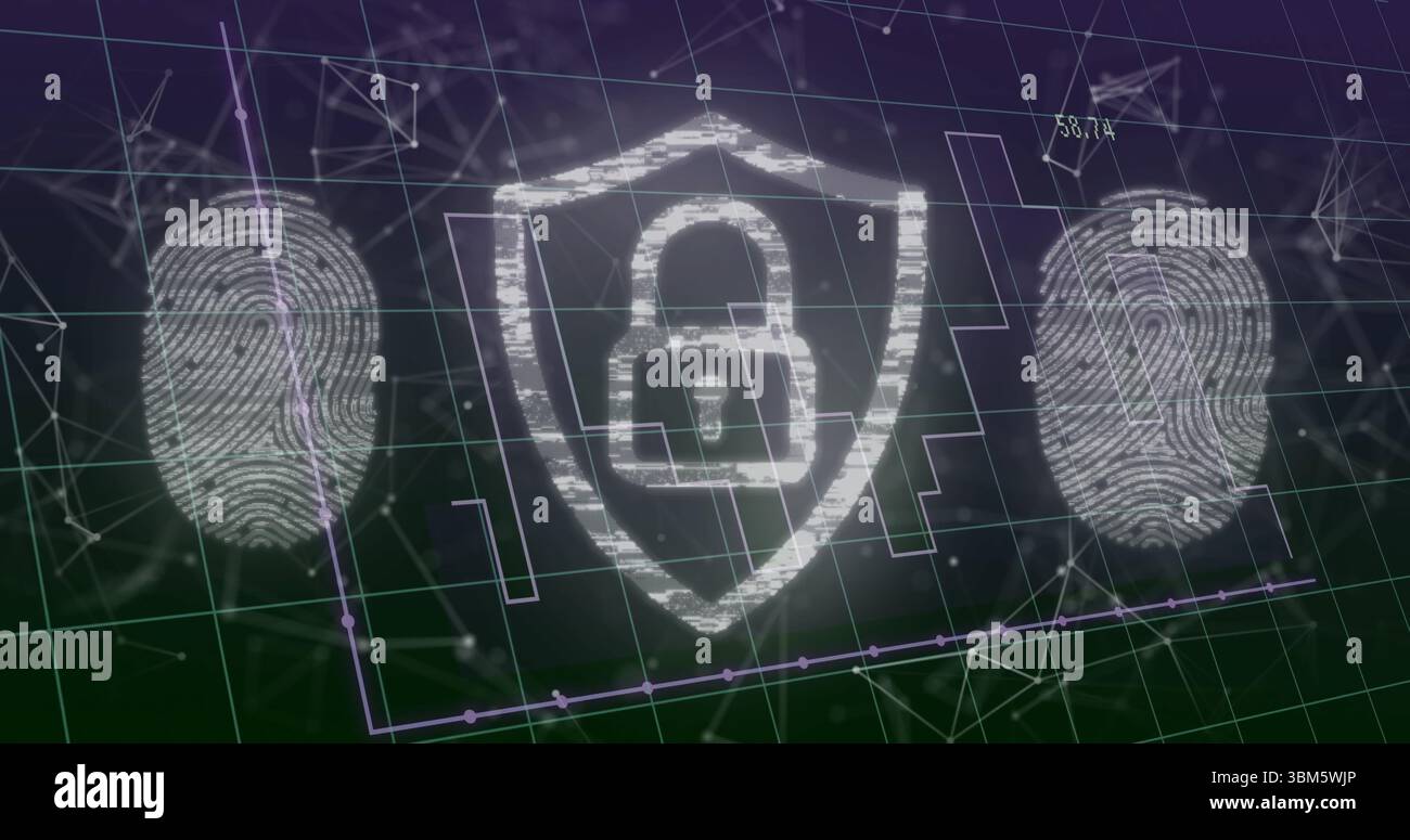 Displaying shield securing data in grid, with padlock symbol, fingerprints and network nodes. Cybersecurity, data protection, digital security, networ Stock Photo
