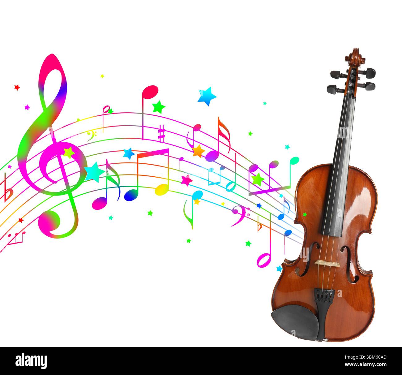 Classic violin on white background. Colorful music notes and stars ...