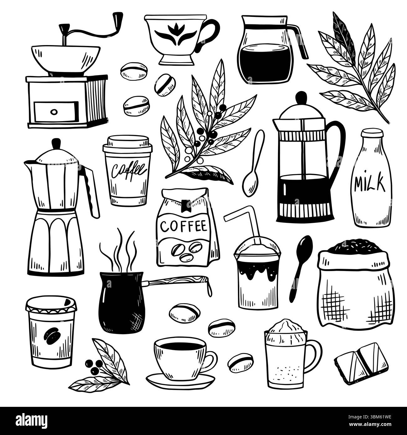 Coffee big black and white doodle set. Cute simple hand-drawn vector ...