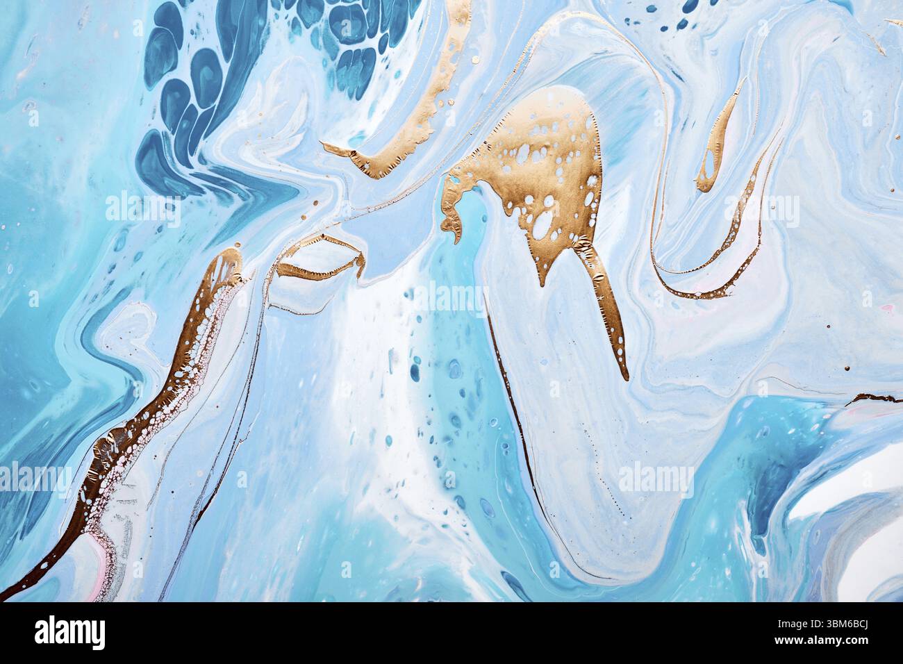 Acrylic Fluid Art. Waves in blue colors with liquid golden inclusion ...