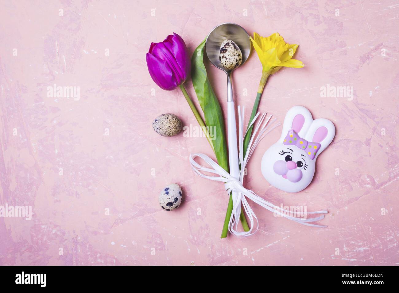 Spring Easter Table setting with flowers and Eggs Stock Photo