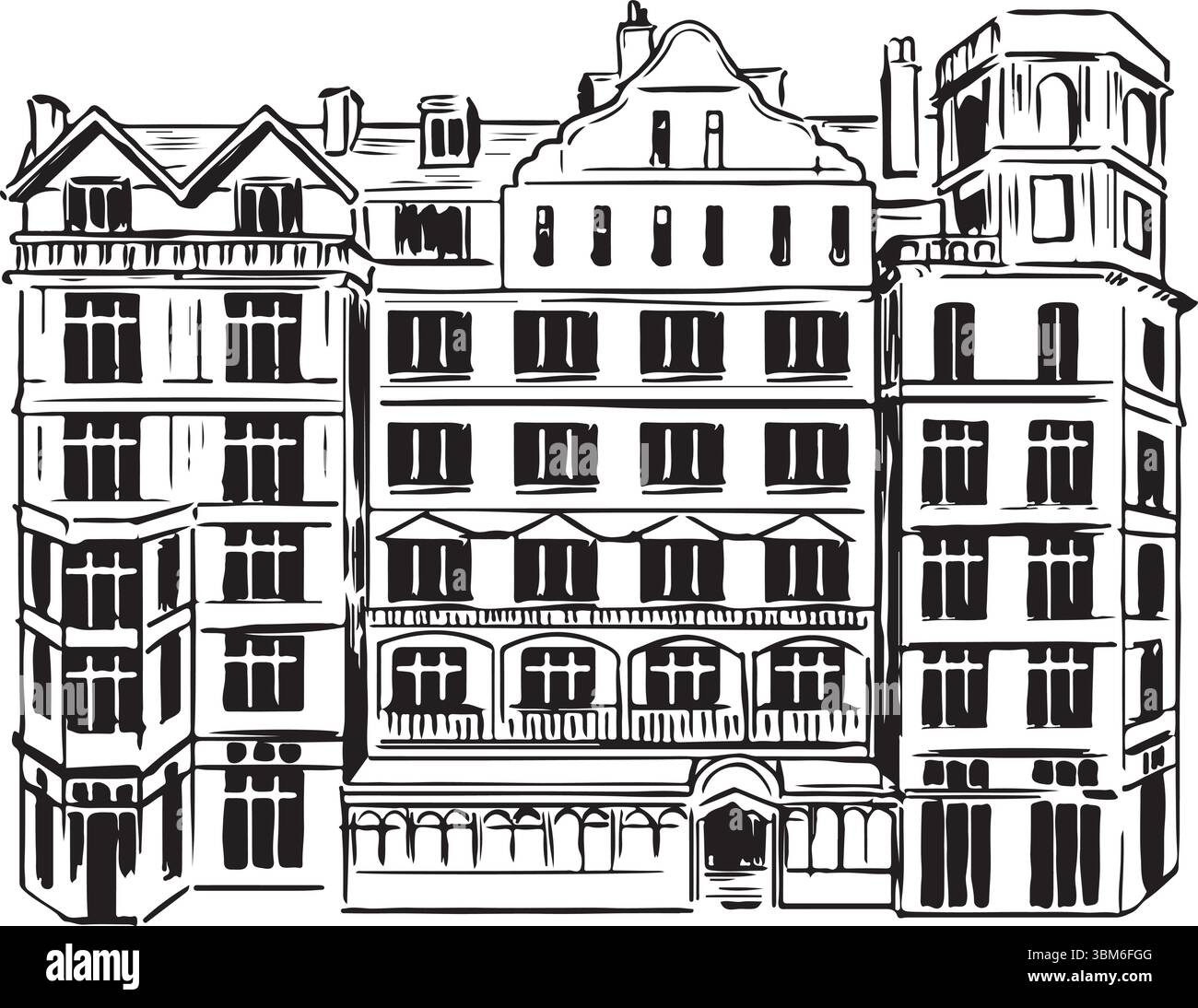 The Empire Hotel, Bath, England black and white vector drawing. English architecture destination ink sketches. European Edwardian Baroque architecture. Stock Vector