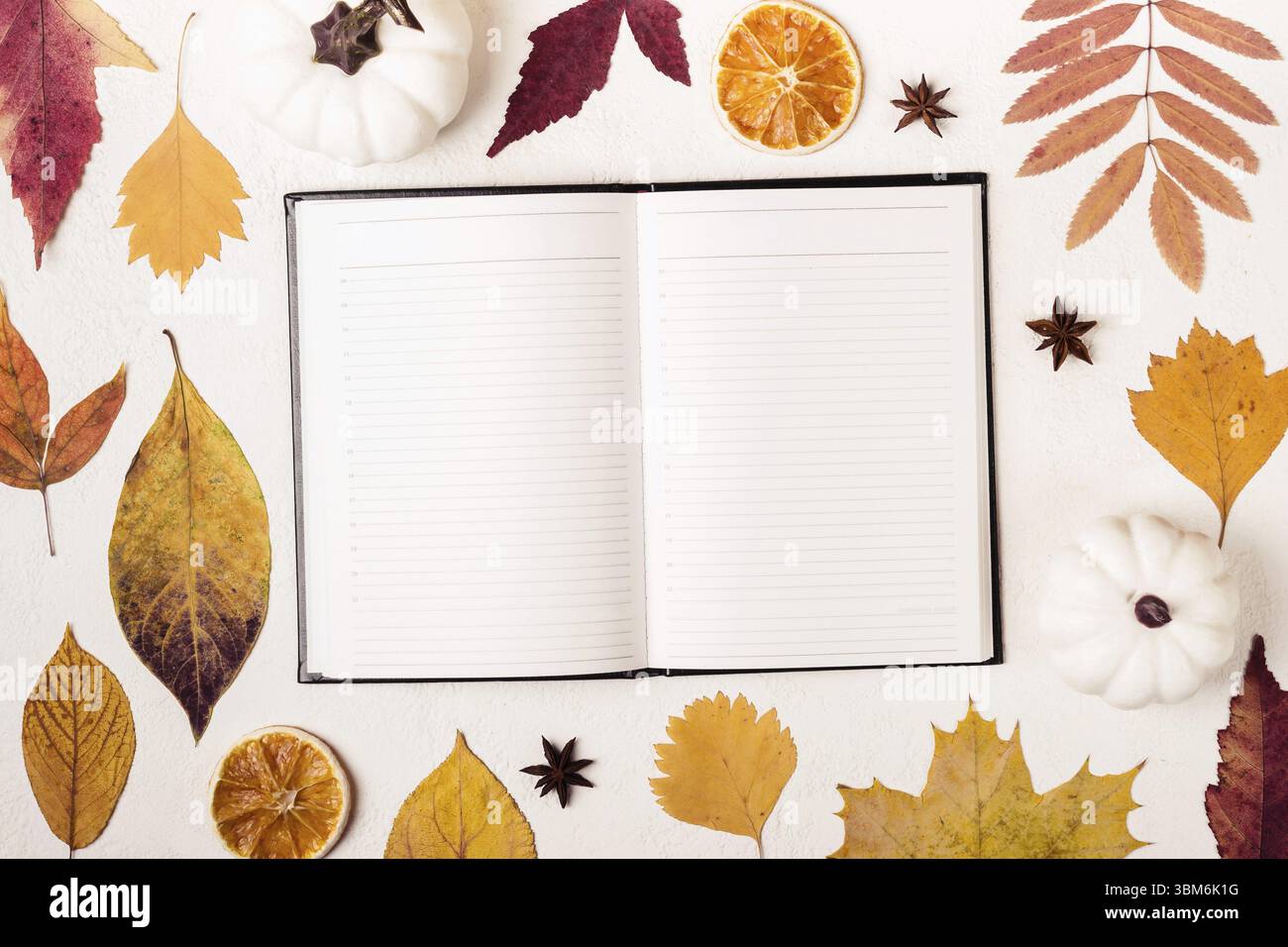 Notepad on white table with autumn leaves pattern Stock Photo