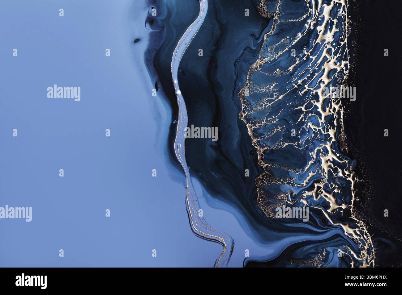 Acrylic Fluid Art. Dark blue waves in abstract ocean and golden foam ...