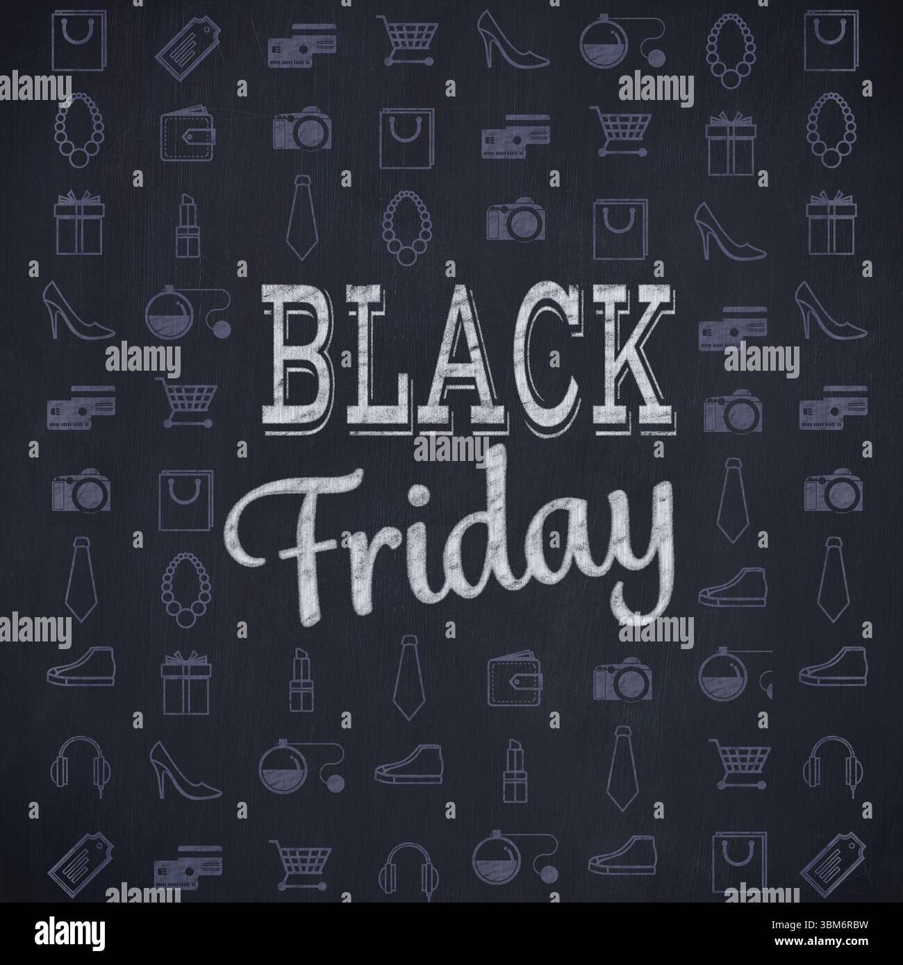 Chalkboard styled poster is displaying BLACK Friday lettering with repeating shopping icons grid Stock Photo