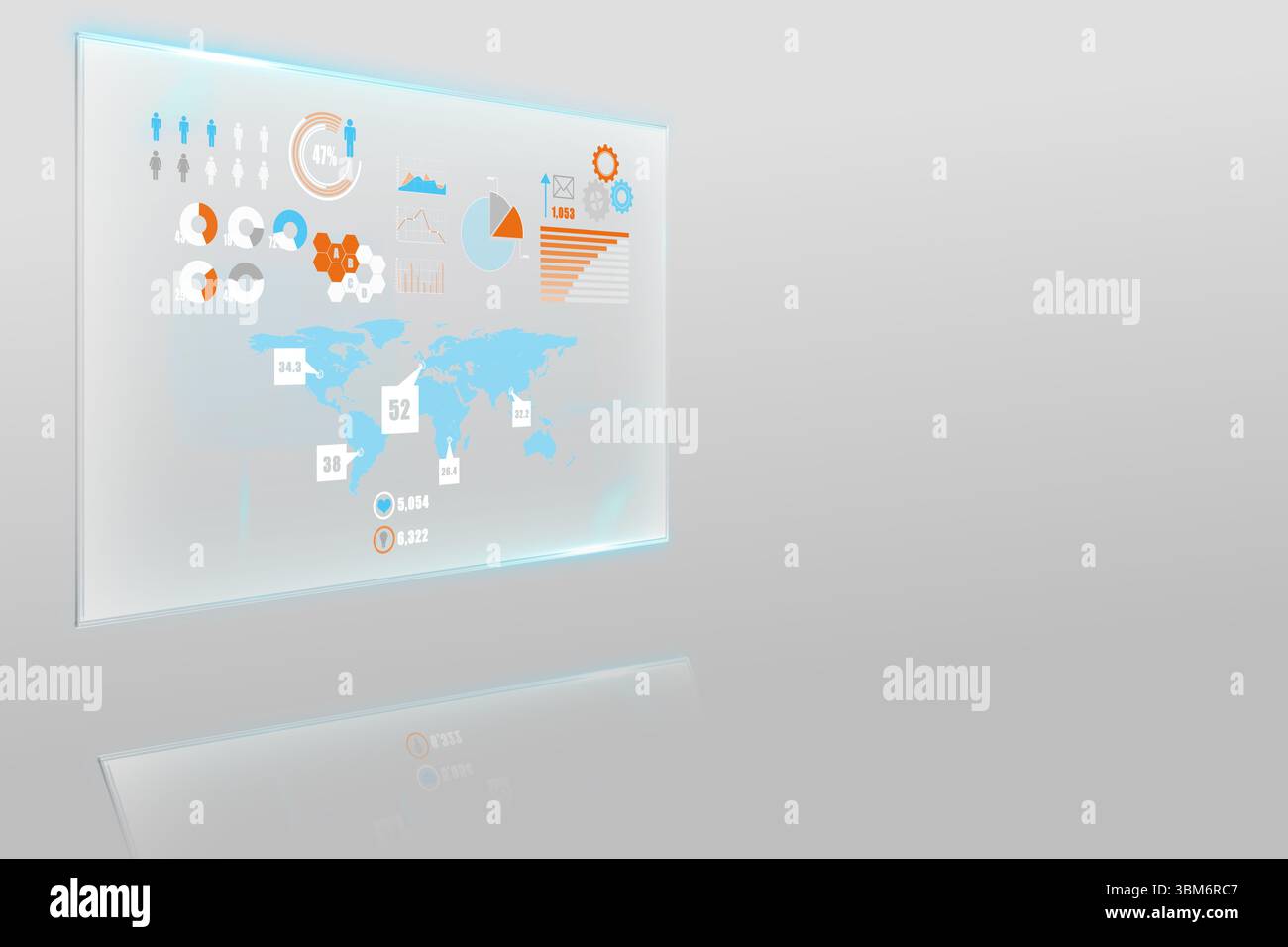 Displaying floating transparent panel featuring data visuals and icons reflecting on gray surface Stock Photo