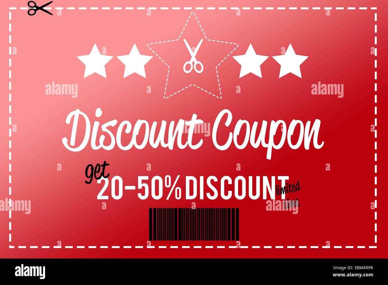 Displaying red gradient coupon featuring dashed border, scissor icons, 20–50% discount, barcode Stock Photo