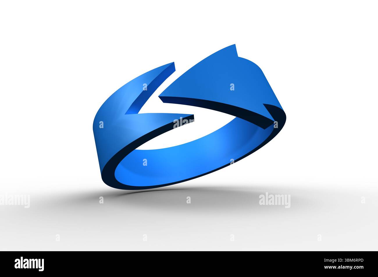 Blue 3D-rendered arrow ring is floating above gradient floor casting soft shadow in white studio Stock Photo