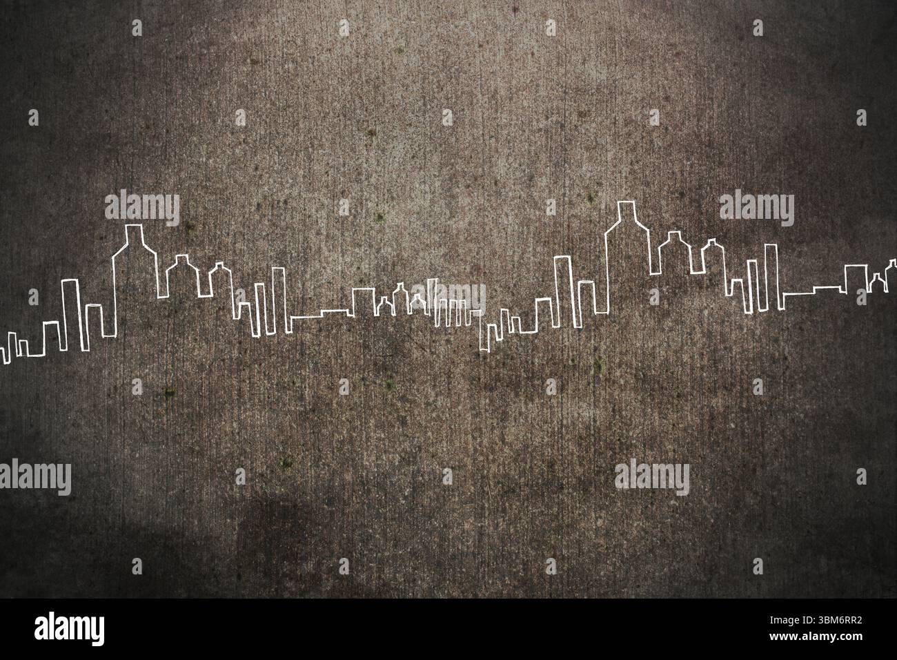 White skyline silhouette is stretching across mottled brown-gray textured background in flat design Stock Photo