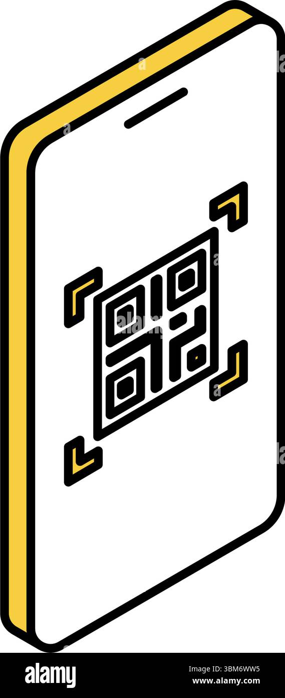 Smartphone displaying QR code simple line drawing icon, isometric ...
