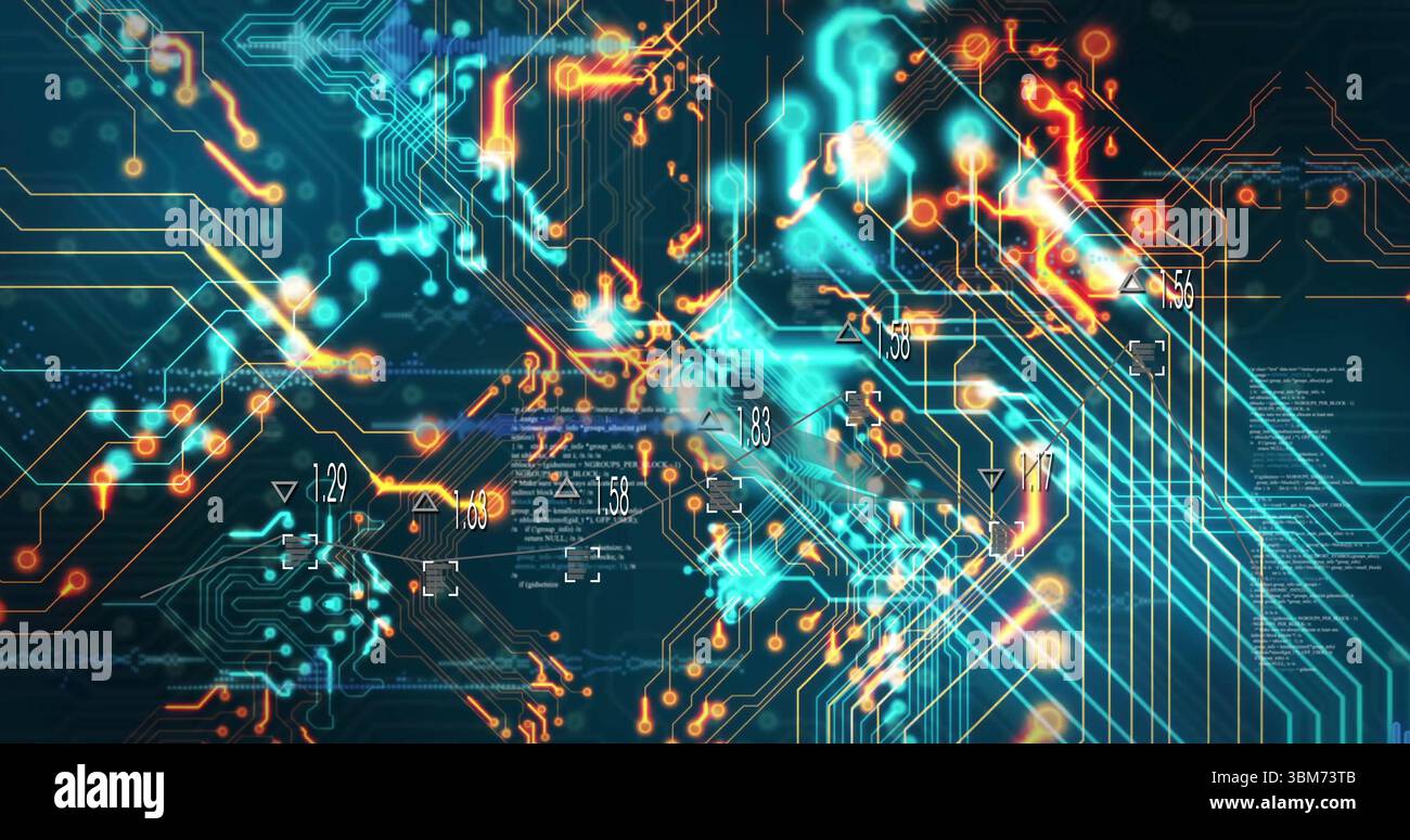 Displaying abstract glowing circuit network on interface with luminous ...