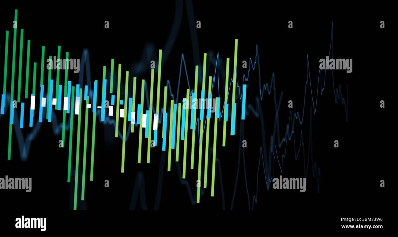 Displaying green blue white vertical bars pulsing on black interface, with thin line waveform. Abstract, data, visualization, digital, tech, interface Stock Photo