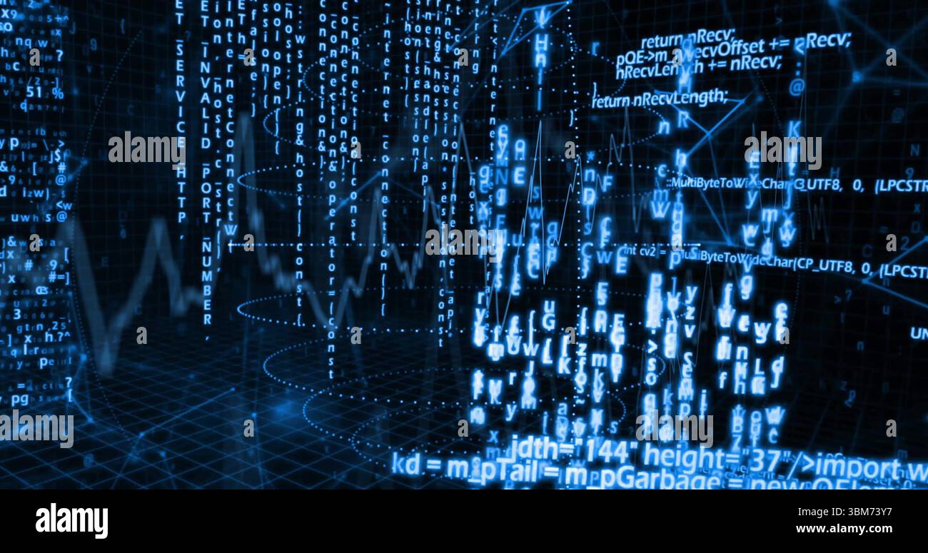 Streaming code snippets over grid floor, with alphanumeric streams forming waveform data tunnel. Futuristic, digital, virtual, technology, innovation, Stock Photo