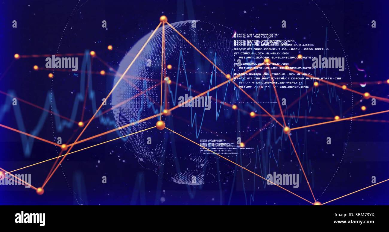 Displaying dot matrix globe pulsing with orange nodes in data interface, code and blue waveform. Futuristic, digital, network, technology, analytics, Stock Photo