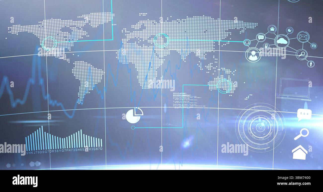 Showing dashboard interface with dotted world map, bar, line and pie ...