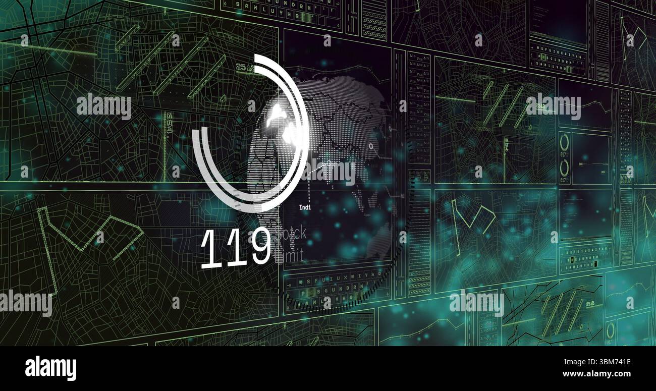 Displaying white circular progress indicator showing 119 overlaying globe on network UI grid maps. Technology, data visualization, futuristic, digital Stock Photo