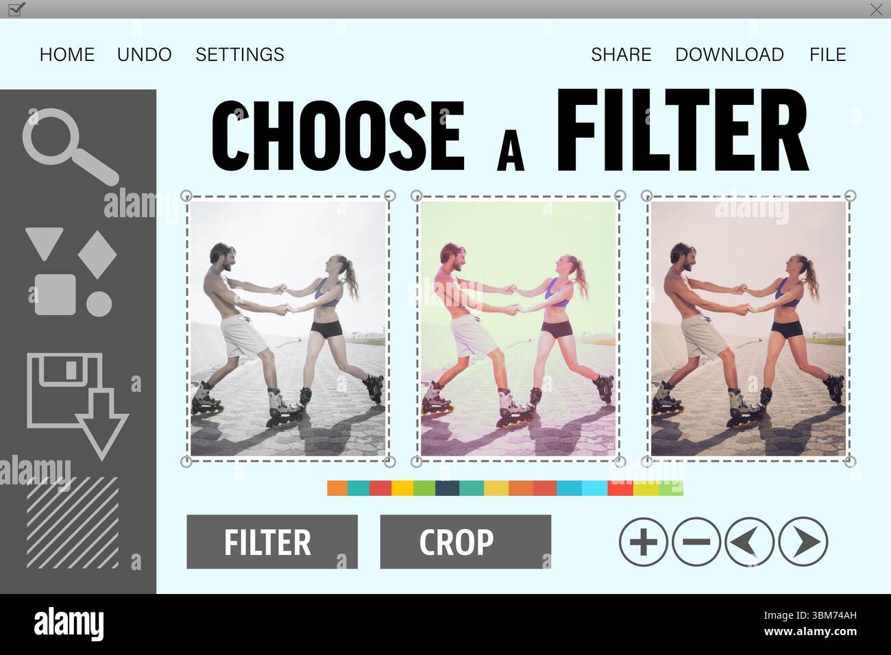Filter selection interface is showing inline skating couple thumbnails on pale blue flat design Stock Photo