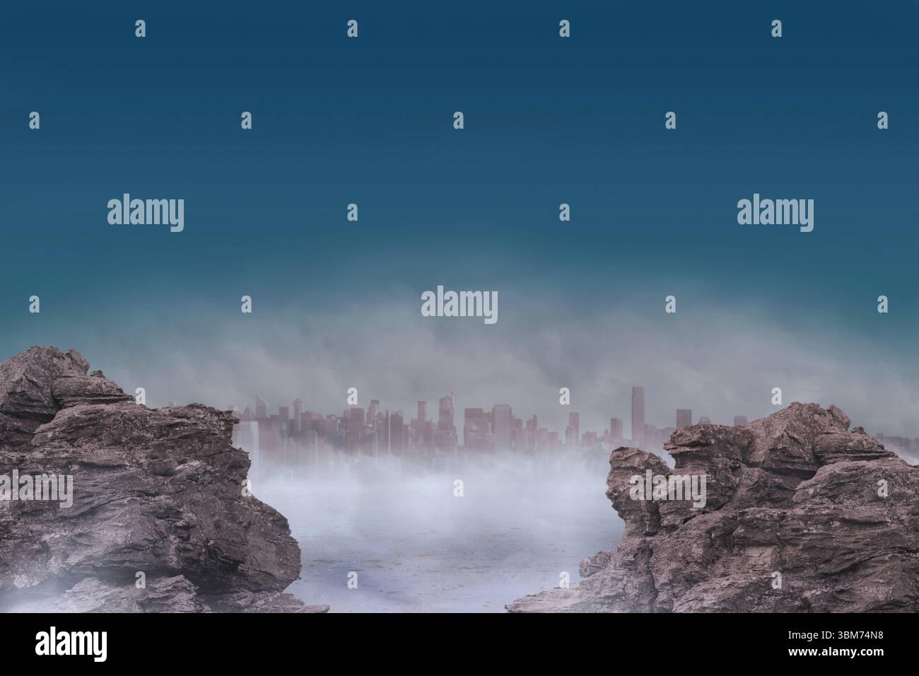 Flat vector art is showing rocks flanking foggy water, revealing ...