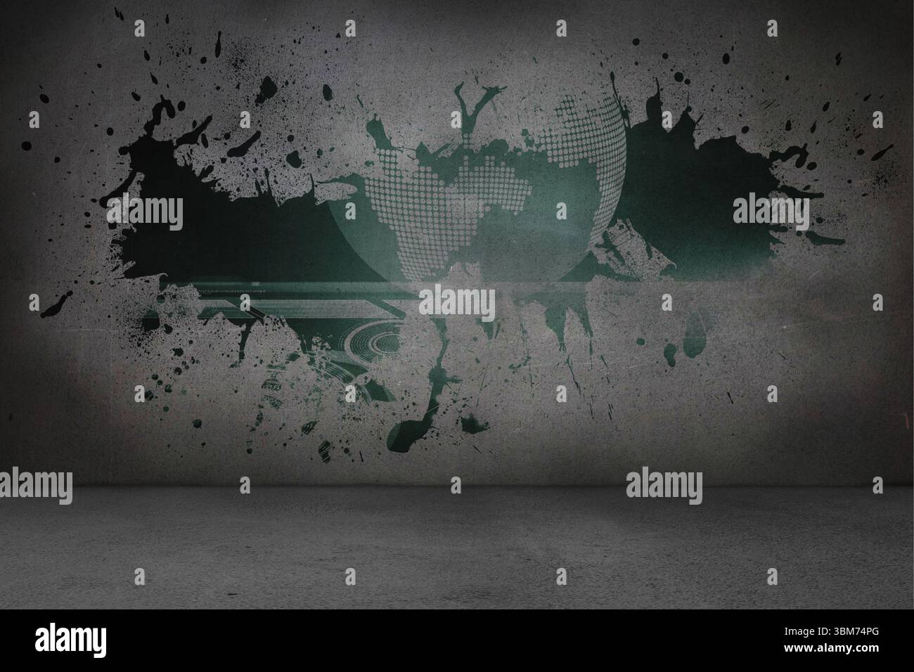 Splash on wall revealing global technology graphic Stock Photo