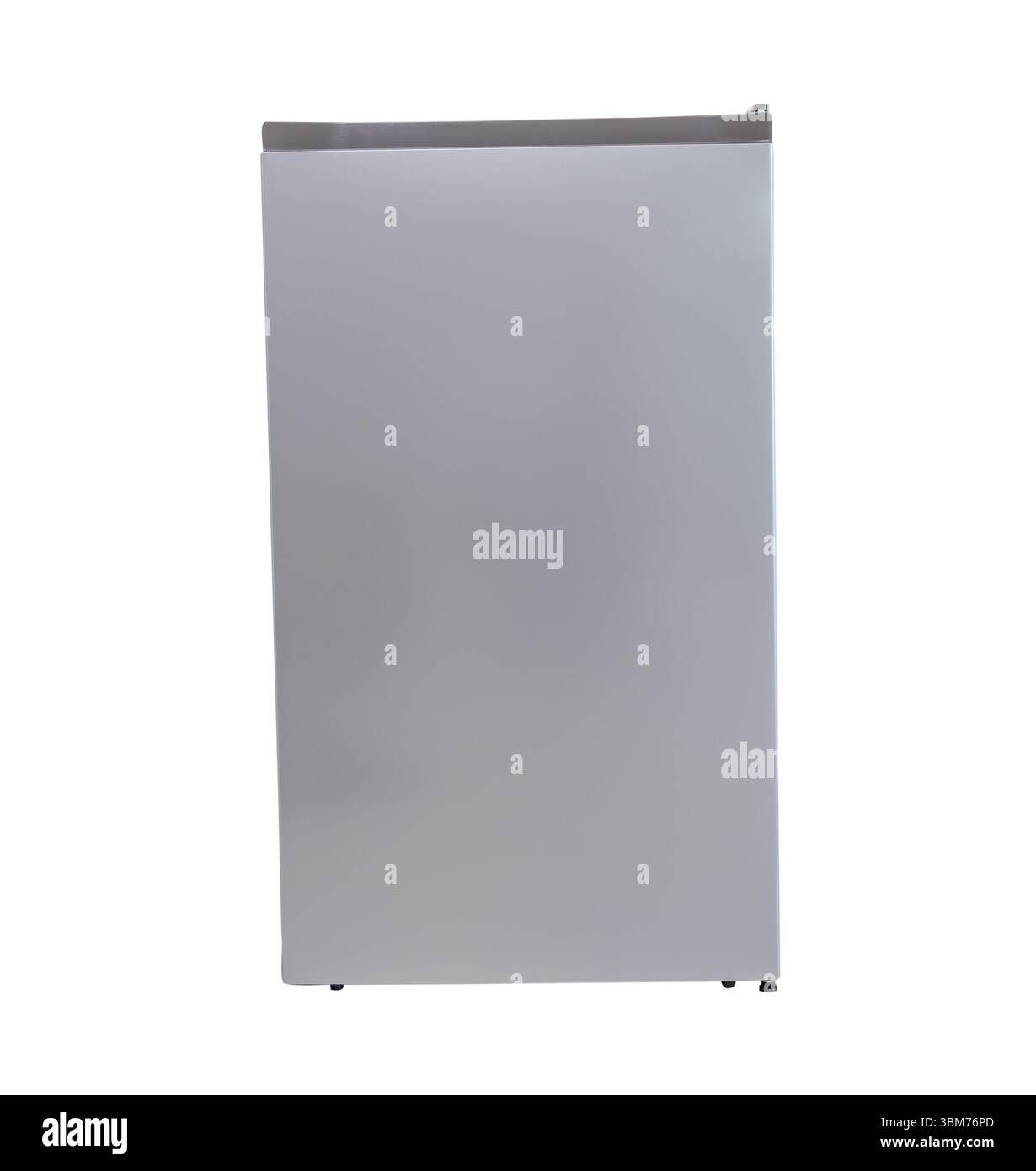 Single silver refrigerator or gray fridge in vertical is isolated on white background with clipping path. Stock Photo