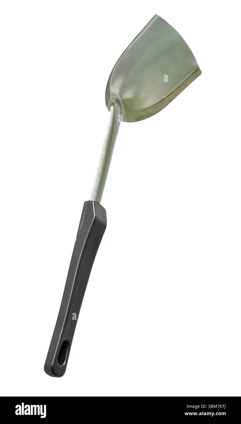 One metal spatula or kitchen utensil with black handle is isolated on white background with clipping path. Stock Photo