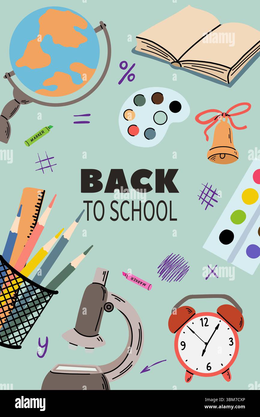 Vertical poster with hand drawn school supplies  Stock Vector