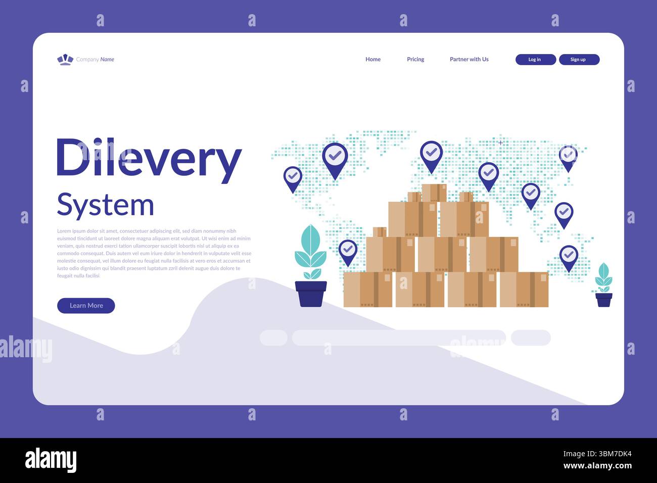 Vector illustration of a delivery system web page with stacked boxes ...