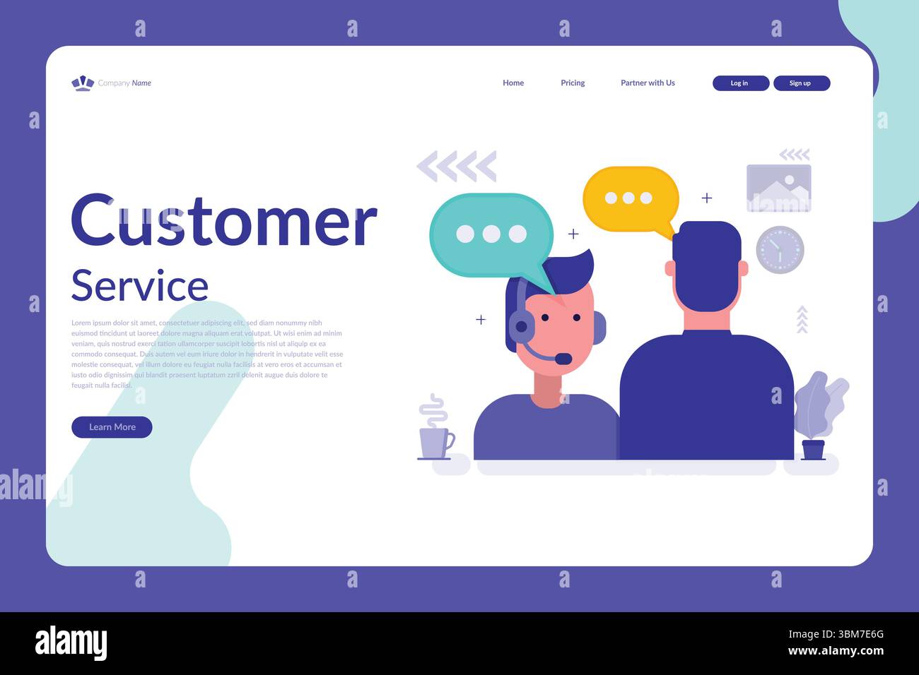 Vector illustration of a customer service concept with headset figure, speech bubbles, and a modern office-themed website layout Stock Vector